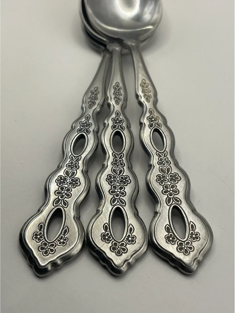 (3) Oneida Community FANTASY Burnished Stainless Pierced Hndl Teaspoon Lot ~ 6”